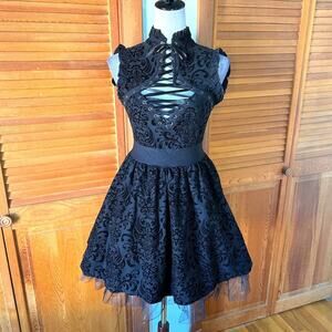 Killstar Gothic Lolita Victorian Witchy Black Velveteen Lace-Up Front Dress S